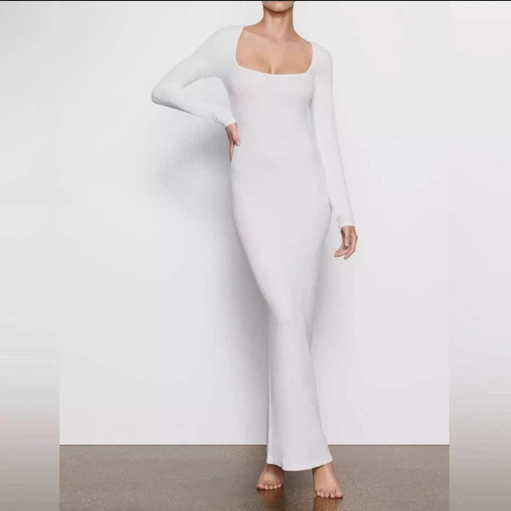 Skims Scoop Neck Long Sleeve White Maxi Dress